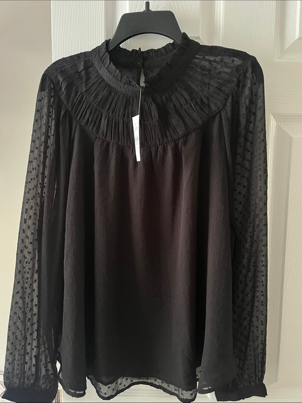 LOFT Black Sheer Swiss Dot Pleated Yoke Blouse